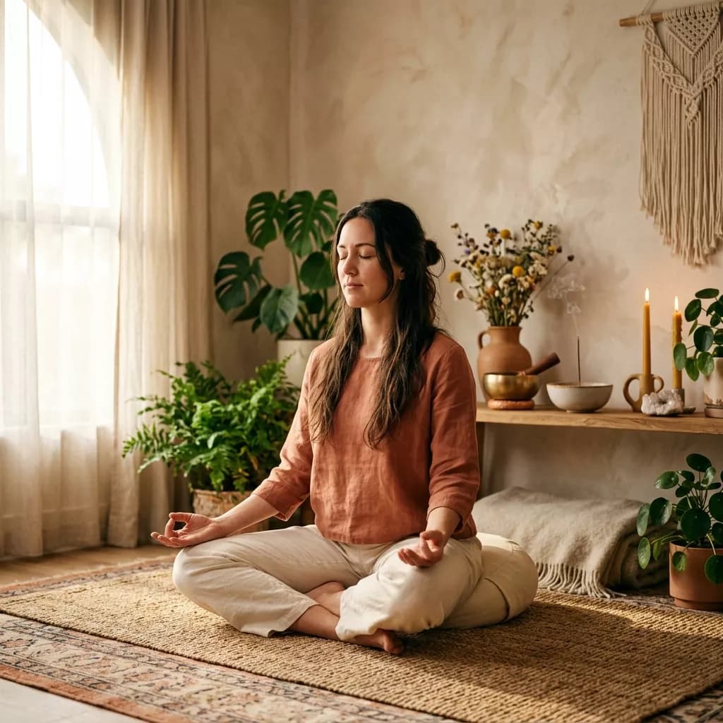 A woman meditating peacefully in a warm, beautifully decorated space with candles, singing bowls, and plants